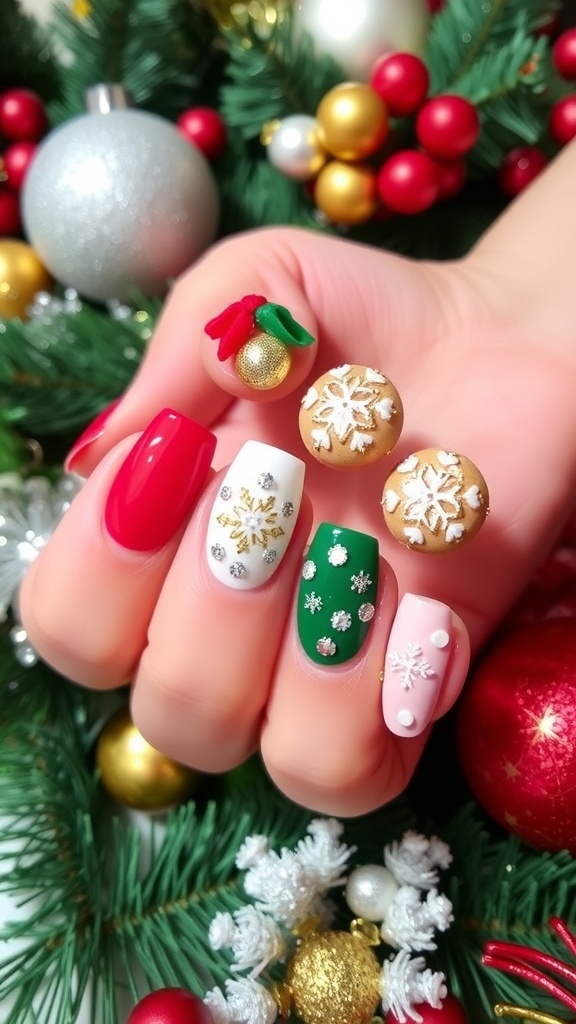 Elegant short Christmas nails in red, green, and gold with festive designs on a holiday-themed background.